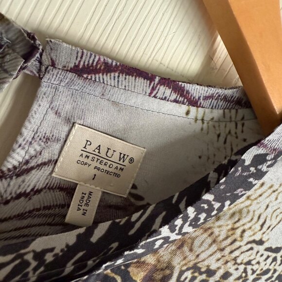 size 1 (fits‎ M 8/10) PAUW Amsterdam feather print blouse silk top tie front - Picture 8 of 11